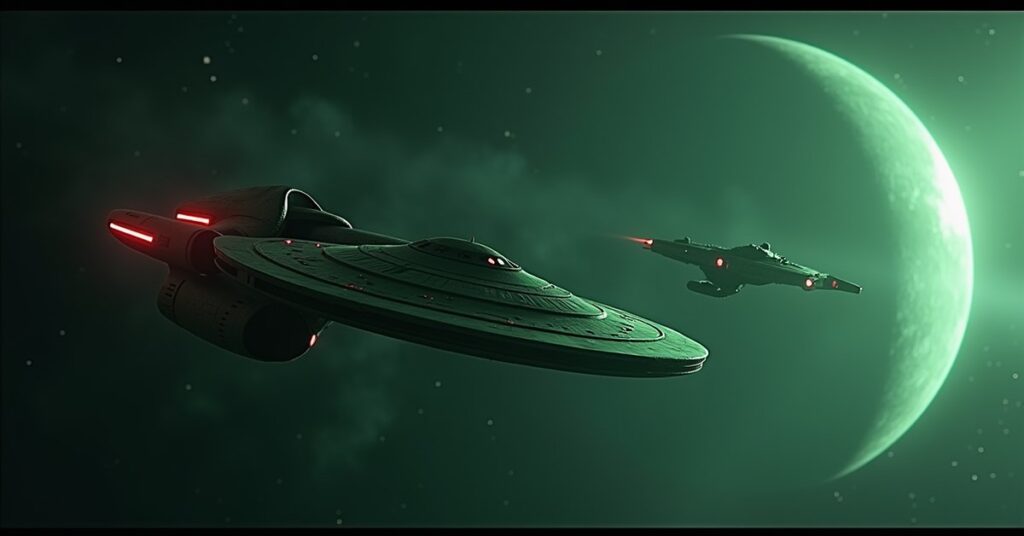 A starship facing a Romulan guard ship at the edge of Romulan space in Star Trek Fleet Command