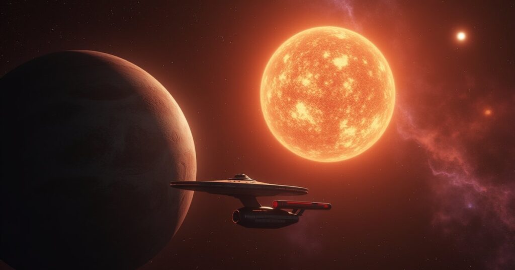 A Federation starship near a damaged planet under a swelling star in Star Trek Fleet Command