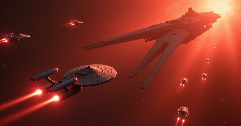 A starship ambushed by Vulcan warships in a red nebula in Star Trek Fleet Command