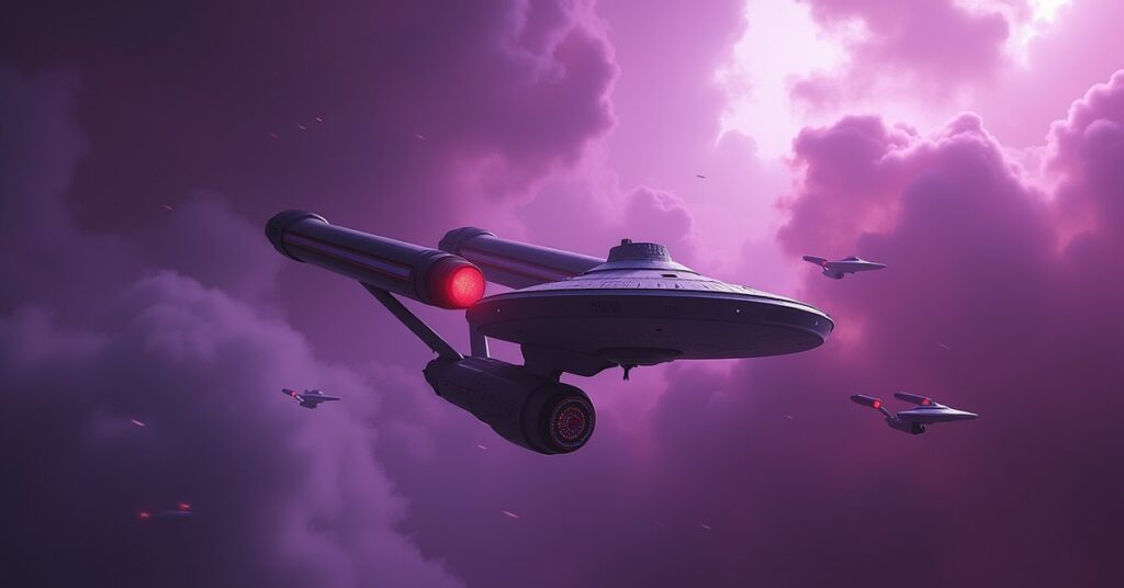 A damaged USS Enterprise under tow as Augment warships chase it through the Mutara Nebula