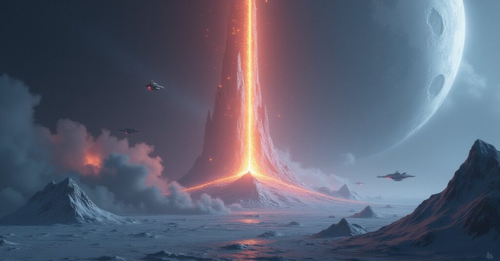 A glowing pillar structure deployed in orbit above an icy world as ships battle nearby in Star Trek Fleet Command