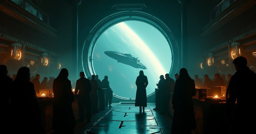Orion black-market tech auction with alien slaver traders and a starship at the viewport, Star Trek Fleet Command key art