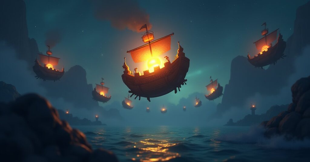 A glowing treasure beacon in space surrounded by rival treasure hunter ships trading fire