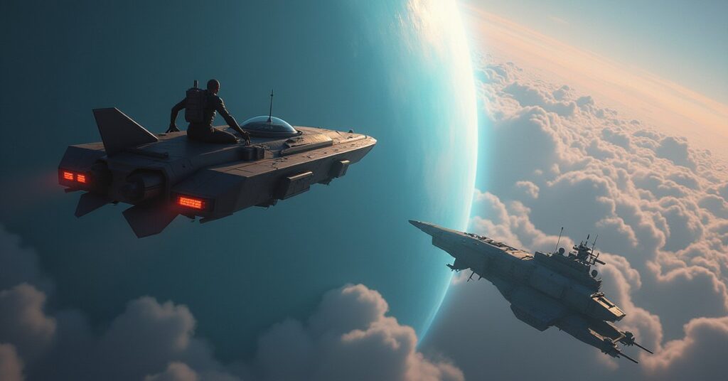 A mercenary ship dives into a bright gas giant after a lost cargo shuttle in Star Trek Fleet Command