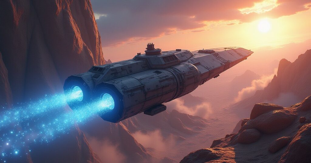 A mining starship pulling glittering Tritanium from an asteroid field above a resort planet in Star Trek Fleet Command