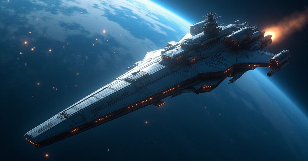 A sleek explorer starship completing construction in an orbital shipyard in Star Trek Fleet Command