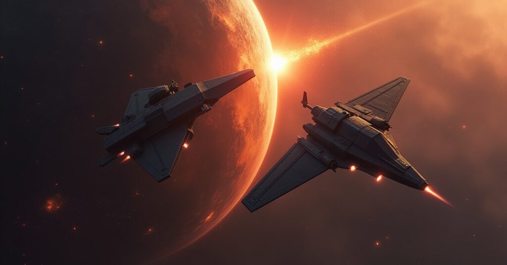 Rival Arkonian warships facing off above a planet in revolution in Star Trek Fleet Command