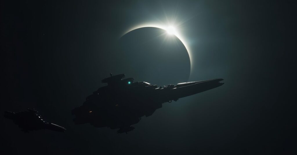 A starship entering a dark eclipsed region as an alien vessel emerges in Star Trek Fleet Command