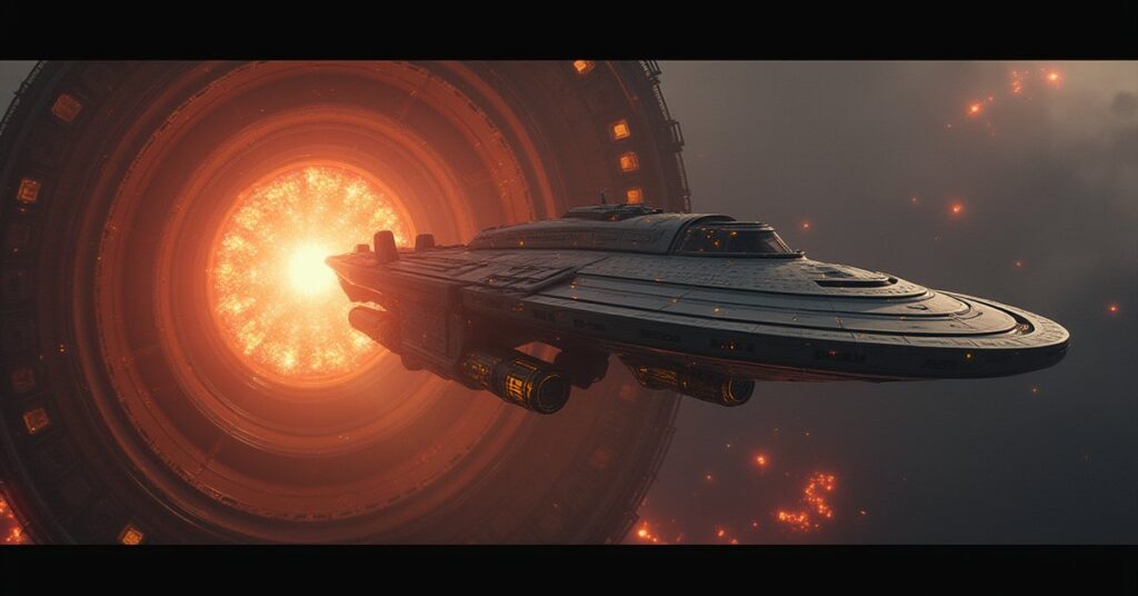 A slender explorer starship leaving an orbital shipyard in Star Trek Fleet Command