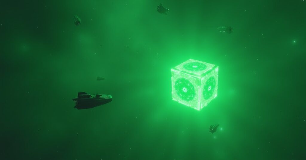 A small fleet of starships facing a huge Borg Cube in Star Trek Fleet Command