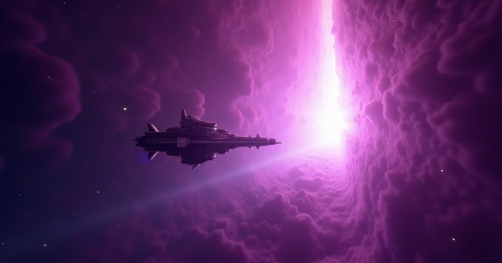 A starship entering a shimmering dimensional rift inside a violet nebula