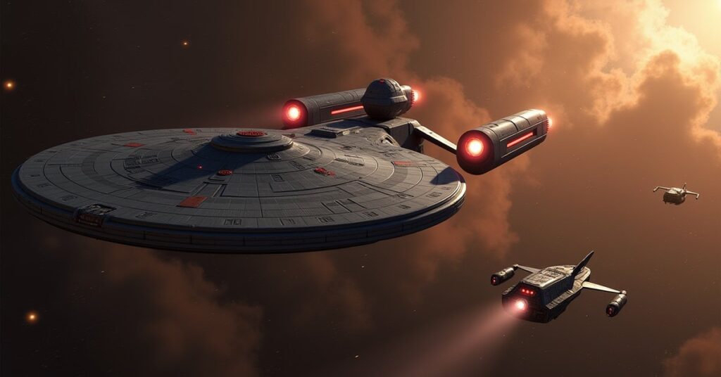 A Federation starship escorting a damaged Vulcan ship away from battle debris in Star Trek Fleet Command