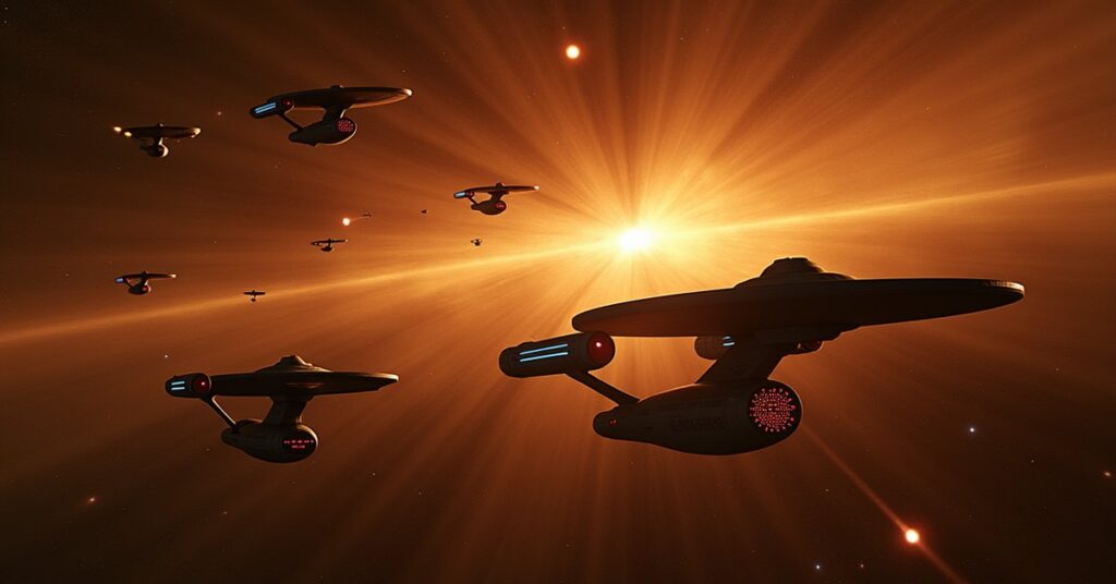 Voyager, the Defiant and the Enterprise fight cultist ships as a golden tachyon wave spreads in Star Trek Fleet Command