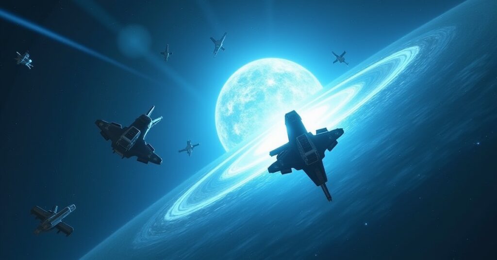 Rugged Nausicaan raider ships circling a bright star as a starship joins the fight in Star Trek Fleet Command
