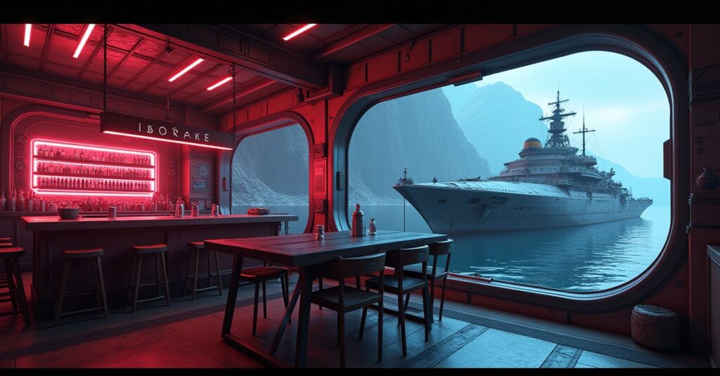 A neon-lit bar inside a space station with a repaired Independent ship docked outside the window