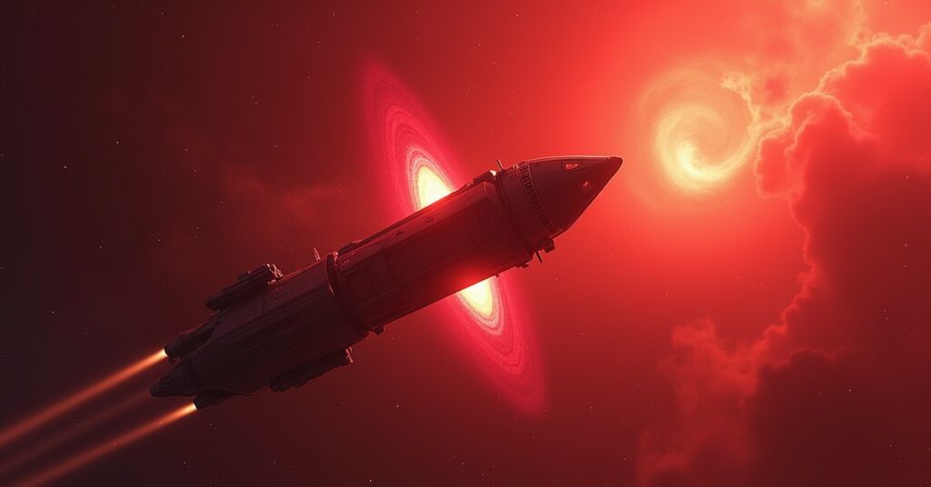 A starship planting a jamming device near an Orion outpost in a red nebula in Star Trek Fleet Command