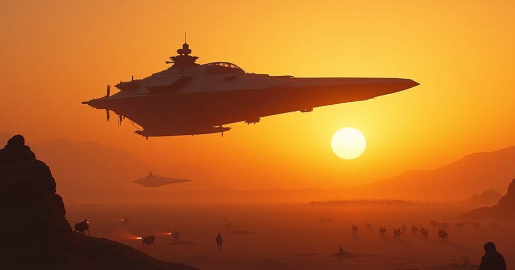 An Independent bounty hunter's ship guarding frontier settlements at sunset in Star Trek Fleet Command