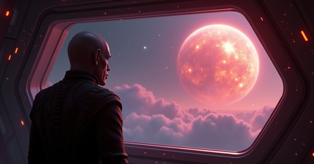 A Klingon mystic gazes at a glowing magnetic planet from a starship window in Star Trek Fleet Command