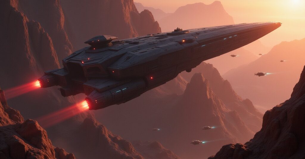 A starship hovering over a secret Romulan laboratory as hostile ships close in