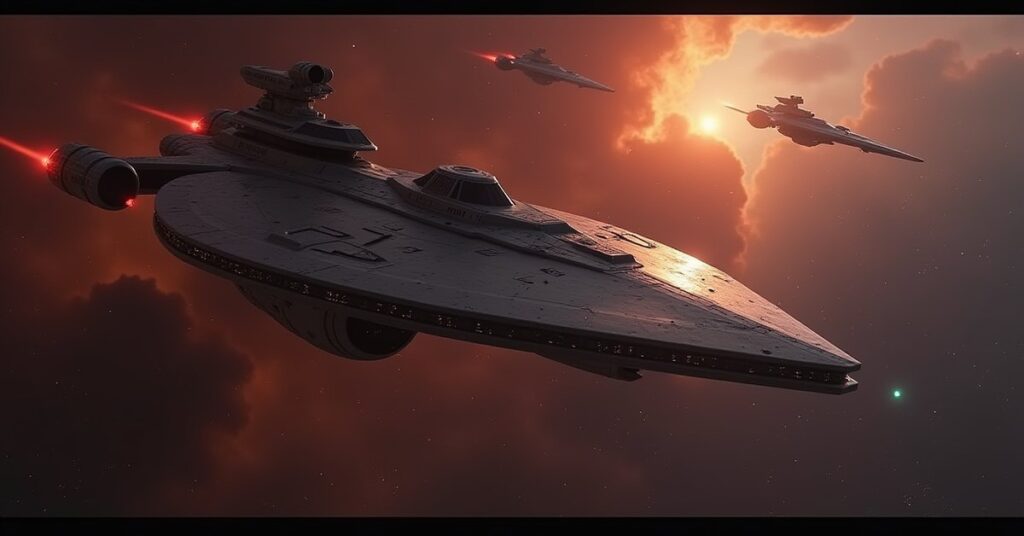 A Federation battleship escorted by Romulan warbirds with a starship in pursuit in Star Trek Fleet Command