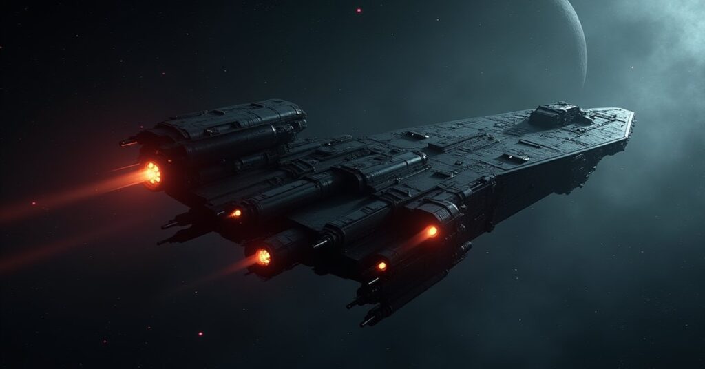 A dark starship closing in on a Yridian trader's freighter in Star Trek Fleet Command