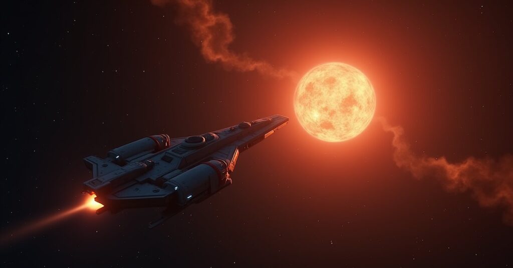 A starship scanning a strange anomaly in a remote star system in Star Trek Fleet Command