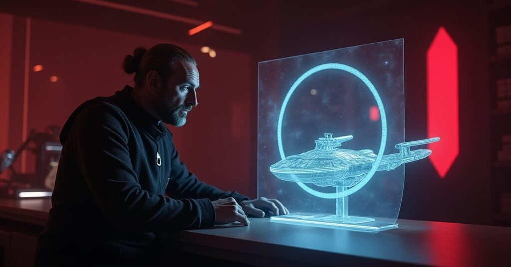 A Klingon scientist studying a holographic shield model in a laboratory in Star Trek Fleet Command