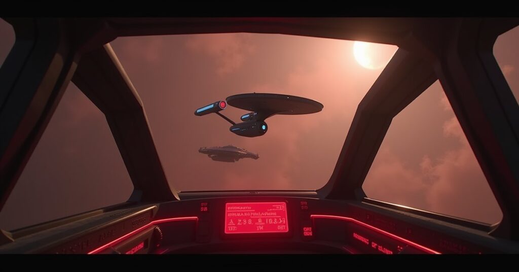 The Enterprise-E and a starship confronting an Orion ship in Star Trek Fleet Command