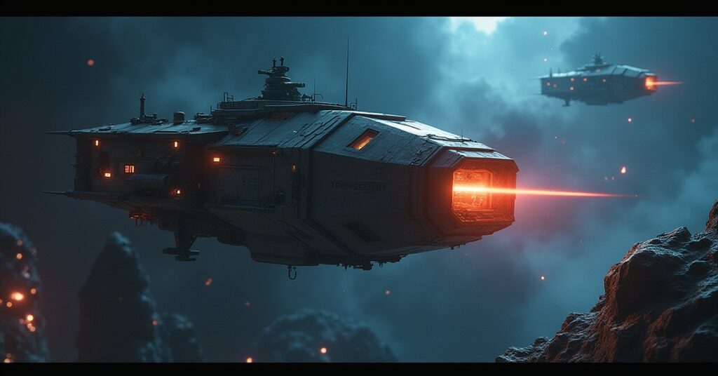A starship answering the distress beacon of a damaged mining vessel among glowing Transogen asteroids