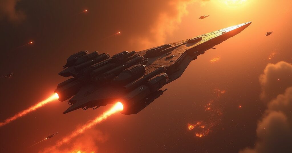 A Klingon battlecruiser fighting a Starfleet warship above a burning colony in Star Trek Fleet Command