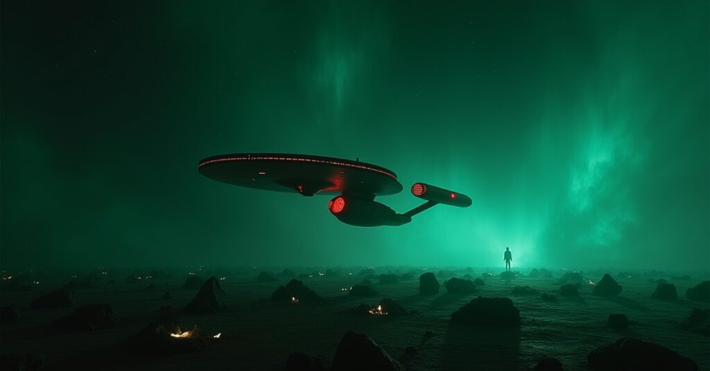 Starship scanning glowing debris in Romulan space near a dark planet