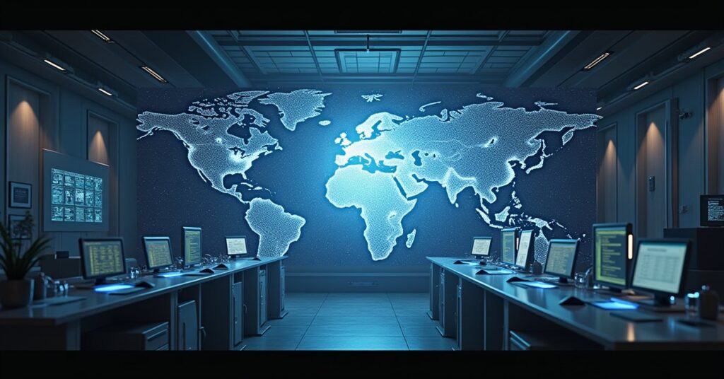 A holographic star map of ancient data filling a research lab in Star Trek Fleet Command