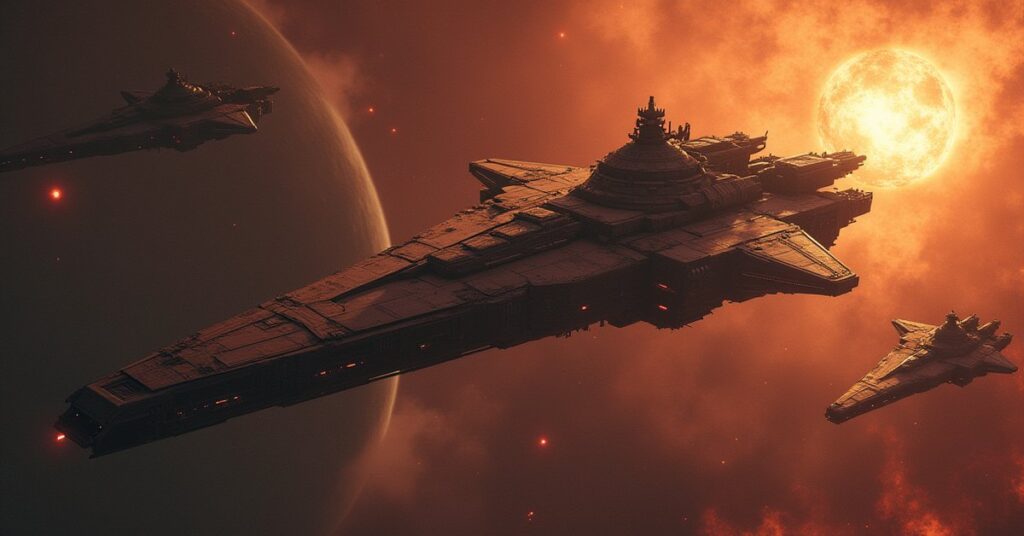 A starship and an alien vessel face an Exchange ship in a crowded rogue system in Star Trek Fleet Command