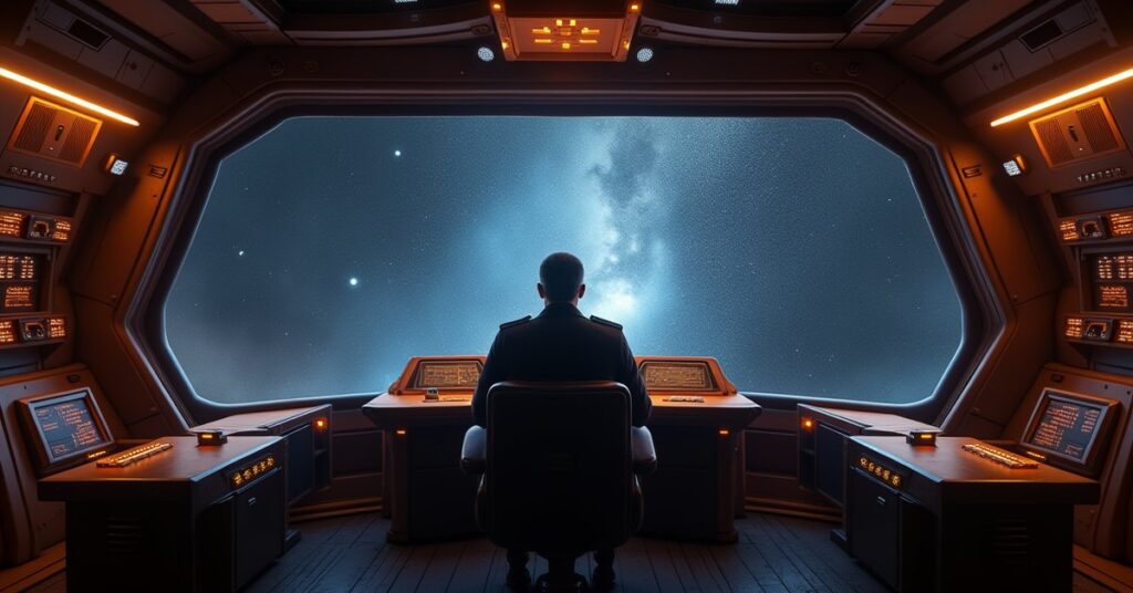 A starship bridge with a distant officer silhouette facing the viewscreen in Star Trek Fleet Command