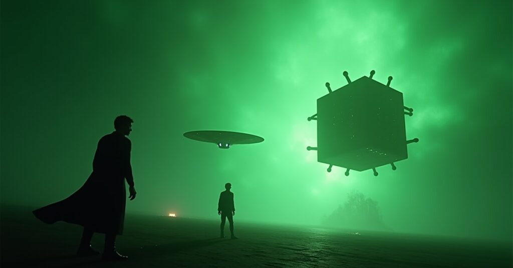 A Romulan warbird and a starship facing a Borg cube in a green nebula in Star Trek Fleet Command