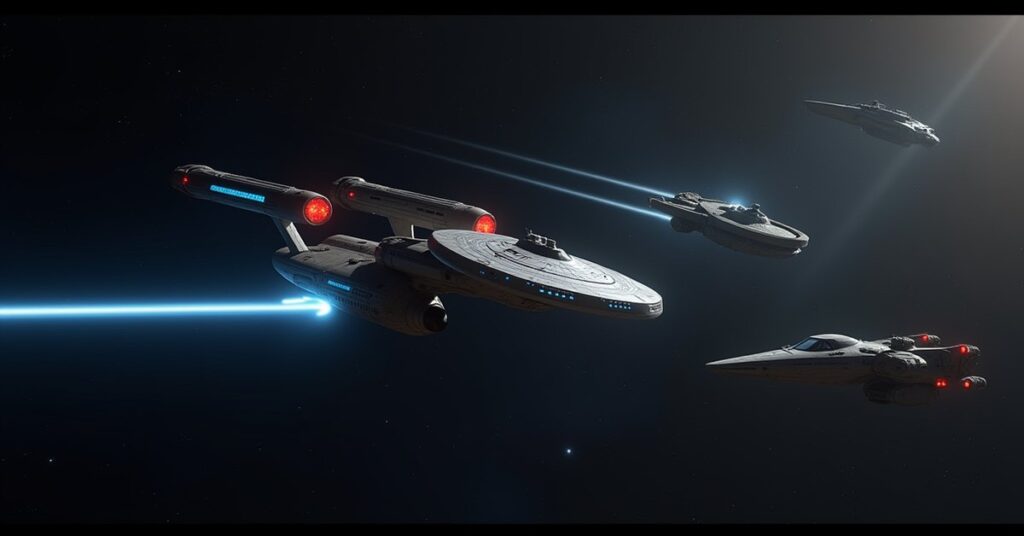 A starship facing Romulan, Klingon and Federation ships in Star Trek Fleet Command