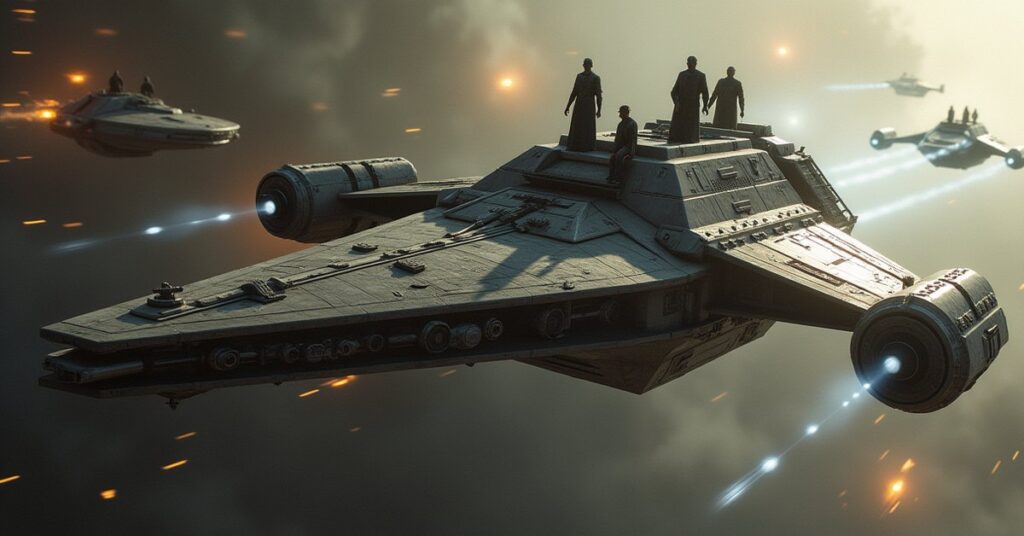 An old Klingon cruiser charging a Romulan fleet beside a starship in Star Trek Fleet Command
