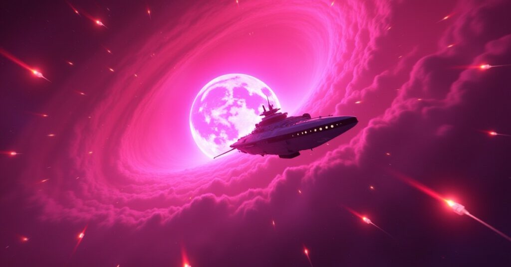 The USS Cerritos stuck in a pink nebula swarmed by glowing space mosquitos