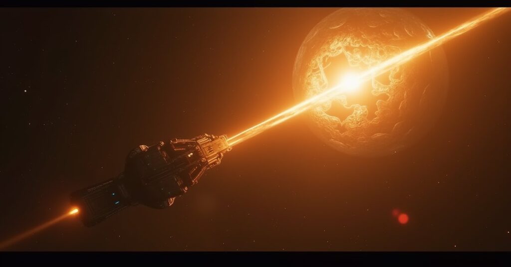 A starship approaching a glowing ancient relic in deep space in Star Trek Fleet Command