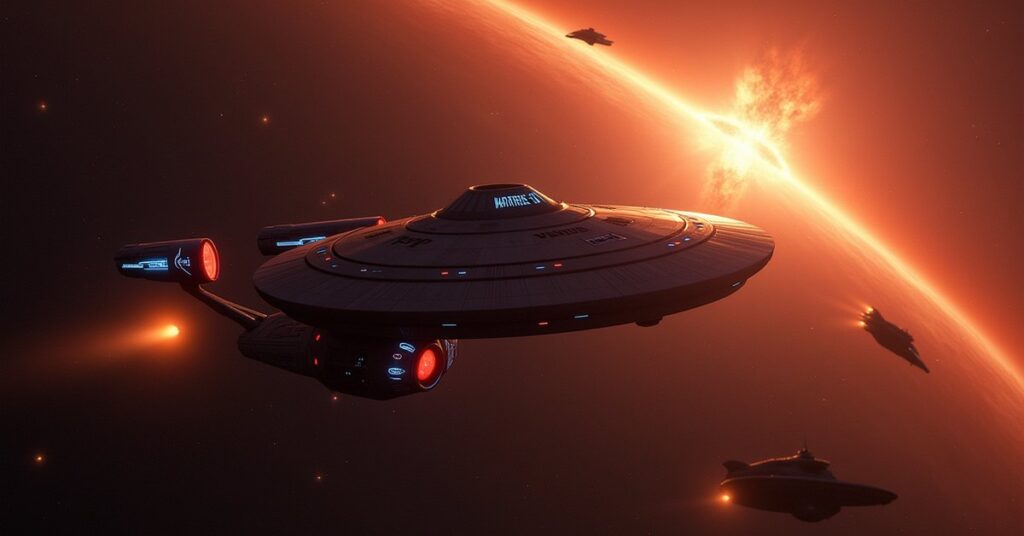 Starships facing the SS Revenant beside the glowing Nexus ribbon with burning Borg-assimilated ships behind