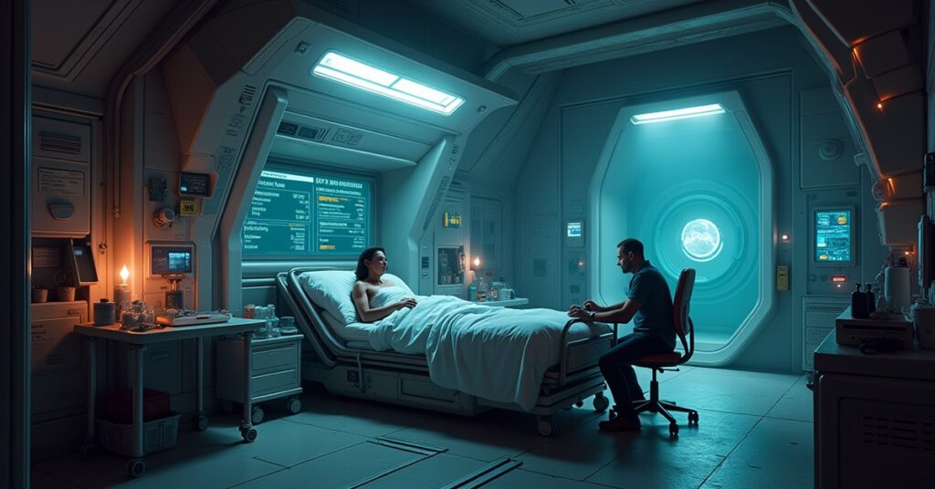 A starship sick bay treats an ailing alien beside a glowing medical pod