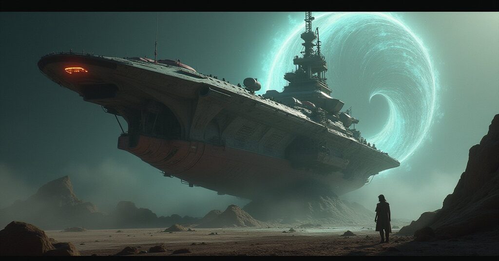 An NX-class prototype hull under construction beside a swirling anomaly, guarded by an Andorian ship