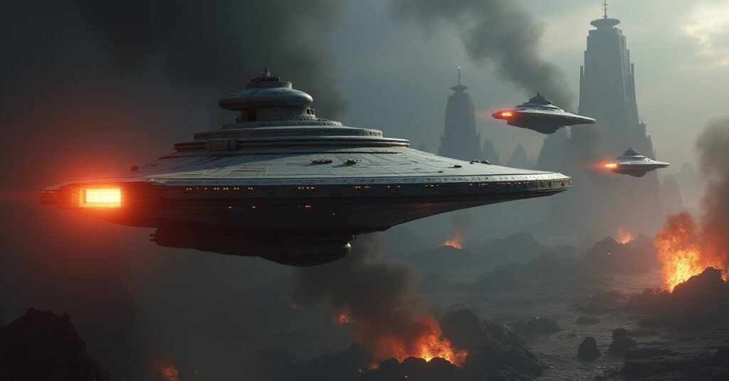 A starship towing a shuttle past mercenary wreckage in Star Trek Fleet Command