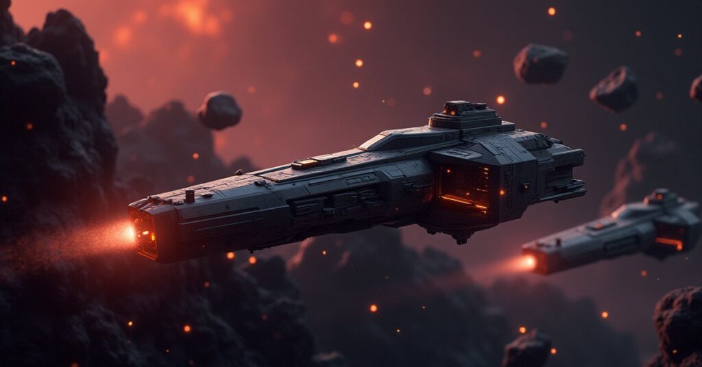 A survey starship mining asteroid deposits near a small station in Star Trek Fleet Command
