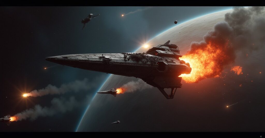 Klingon Bird-of-Prey and a small starship attacking a burning Orion raider above an amber gas giant