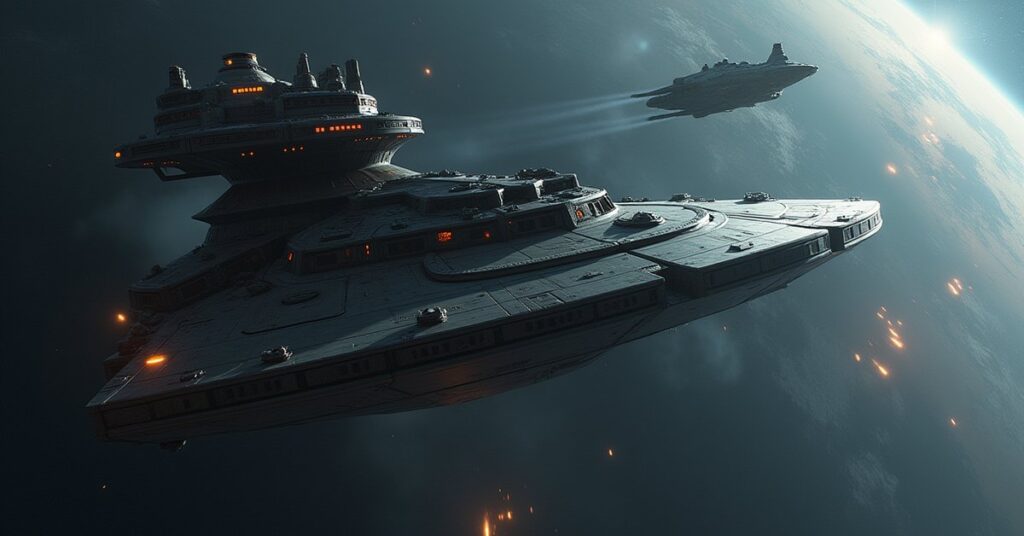 A starship charging a Borg vessel beside a damaged Starfleet ship in Star Trek Fleet Command