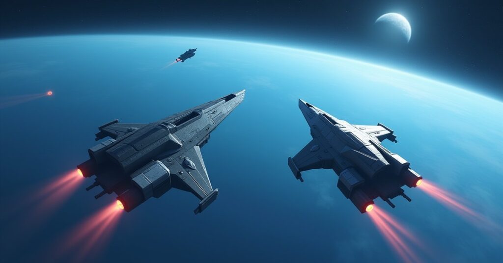 Two starships in a standoff as a small fugitive ship escapes over a blue planet in Star Trek Fleet Command