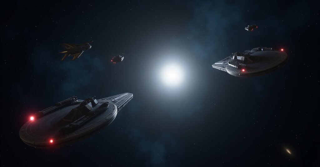 Federation, Klingon and Romulan warships circling a glowing object in deep space