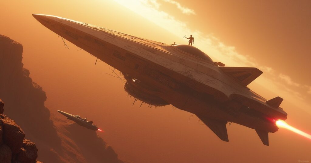 A damaged Klingon warship drifting above a barren planet as a small starship approaches