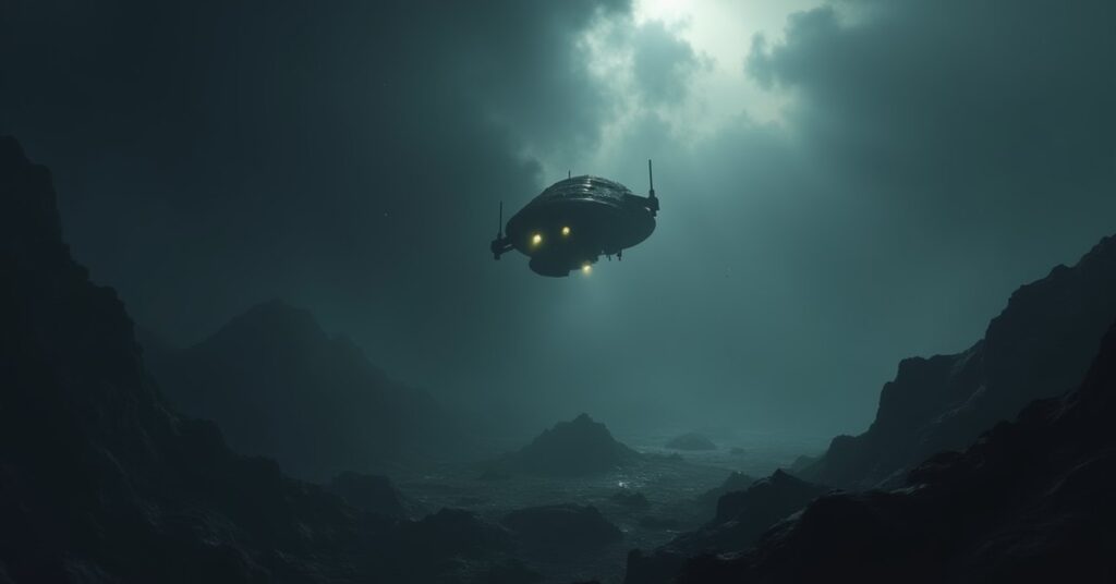 A shuttle diving through storm clouds toward ruins on a dark planet in Star Trek Fleet Command